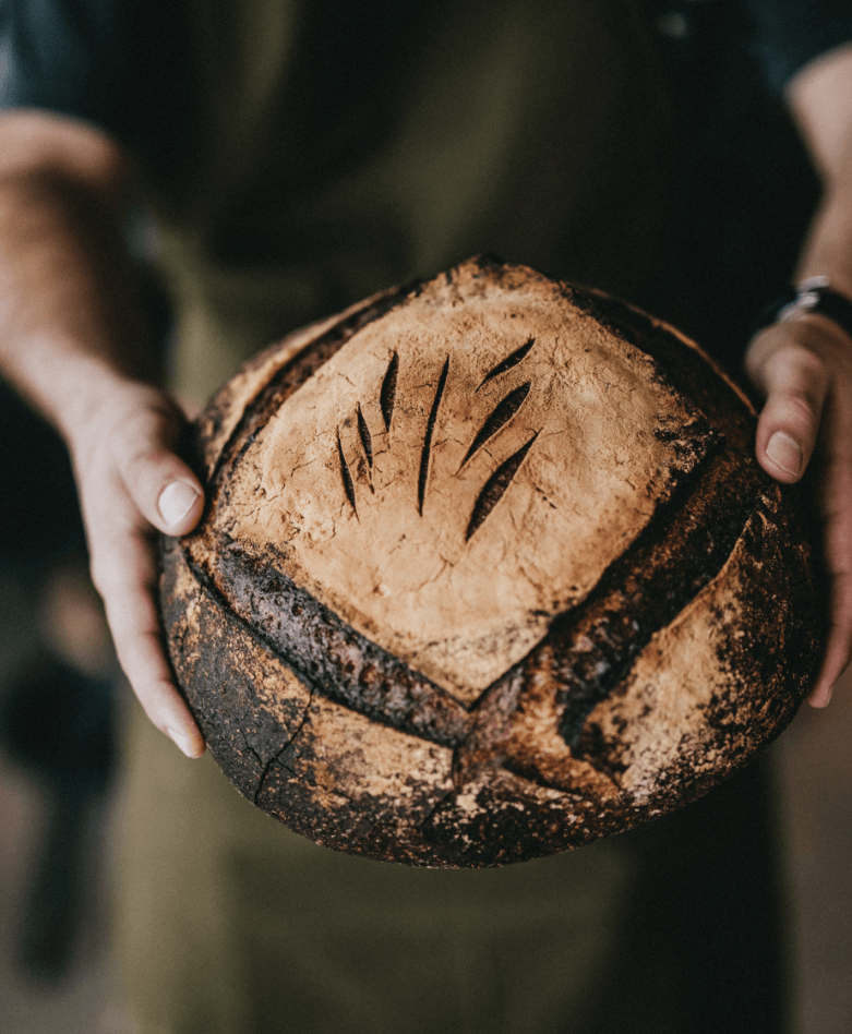 Person holding artisan sourdough bread.