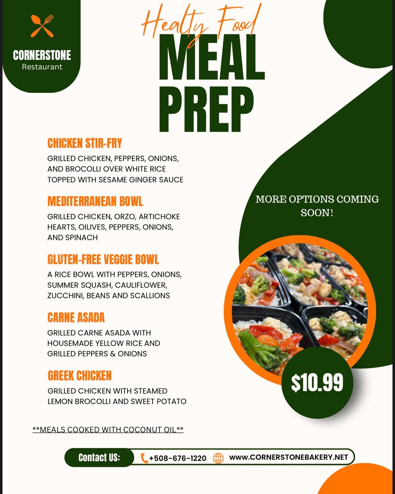 Cornerstone restaurant meal prep menu with healthy options